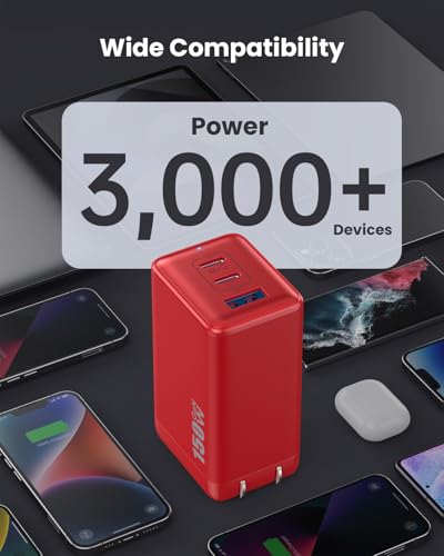 150W USB C Charger Block,GaN III Compact Foldable Wall Charger 3 Port Fast Charging Station,PD QC PPS Portable USB C Hub 100W Laptop Adapter for MacBook Pro/Air,iPad,iPhone 17/Pro,Galaxy S24,Dell etc - color: Red