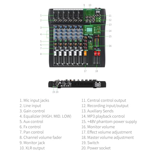 XTUGA 6 Channel Audio Mixer,Professional Digital Sound Board DJ Mixer(CT60) | 48V Phantom Digital Effect,3-band EQ,Bluetooth DJ Mixing Console System,Sound Mixer for PC Podcast Studio Streaming Recording