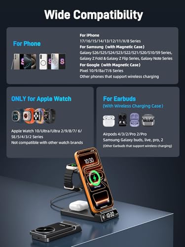 3 in 1 Charging Station for Apple,Travel Wireless Charger with Clock | ELECDOV Magnetic Charger for iPhone, Foldable Watch Charger Stand for iPhone 17/Air/16/15 Series, iWatch 10/AirPods 4 (Black) - color: Black