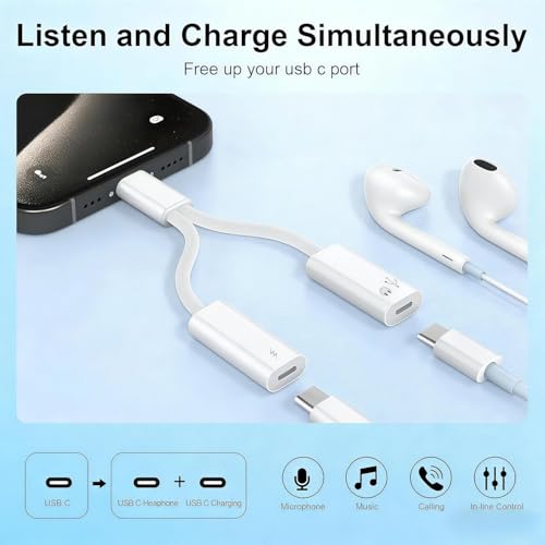 2 in 1 Usbc Splitter Aux and Charging Bundle [USB-c Splitter & USB C to 3.5mm Jack and Charger],PD 60W Fast Charging and Hi-Fi Audio,for iPhone 15 16 17/iPad Pro/Galaxy/Pixel