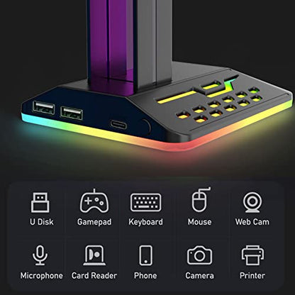 Headphone Stand with RGB Light, Dual USB 2.0 Ports Headset Stand, Stable Gaming Headset Holder with Non Slip Rubber Pad Desk Earphone Hanger for PC Gamers, 10.5x4.8x4.1in