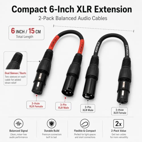 Professional XLR Male to Female Microphone Cables - 6 Inch Balanced Audio Extension Cord (2-Pack) for Studio Equipment, Mixers, Mics