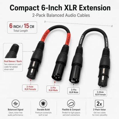Professional XLR Male to Female Microphone Cables - 6 Inch Balanced Audio Extension Cord (2-Pack) for Studio Equipment, Mixers, Mics