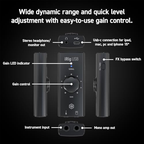 IK Multimedia iRig USB Guitar Audio Interface - 24-bit 48 kHz Music Recording Studio Equipment Include USB C Cable For iPad, Mac And PC, Guitar Accessories, Recording Device