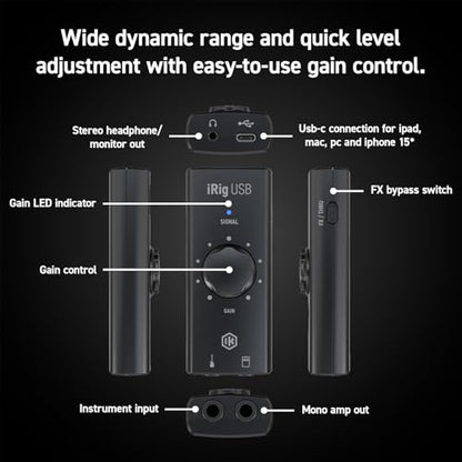 IK Multimedia iRig USB Guitar Audio Interface - 24-bit 48 kHz Music Recording Studio Equipment Include USB C Cable For iPad, Mac And PC, Guitar Accessories, Recording Device