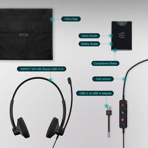 EPOS Impact 100 MS Stereo USB-C+A Headset with Microphone, Certified Microsoft Teams, Noise-Cancelling Mic, Lightweight, Call Control, USB Adapter, Soft Earpads, Professional UC Headphones