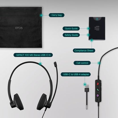 EPOS Impact 100 MS Stereo USB-C+A Headset with Microphone, Certified Microsoft Teams, Noise-Cancelling Mic, Lightweight, Call Control, USB Adapter, Soft Earpads, Professional UC Headphones