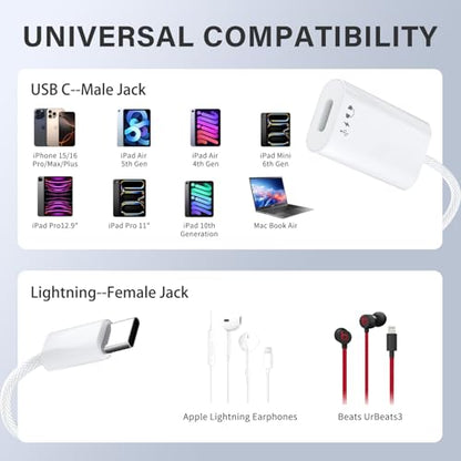 USB C to Lightning Headphone Audio Adapter,Lighting to USBC Adaptor with Earphone &Charge,USB-C to iPhone Converter,Type C to Lightning Cable Adapter for iPhone 17/16/Pro/Max,iPad Pro/Air,MacBook,iMac
