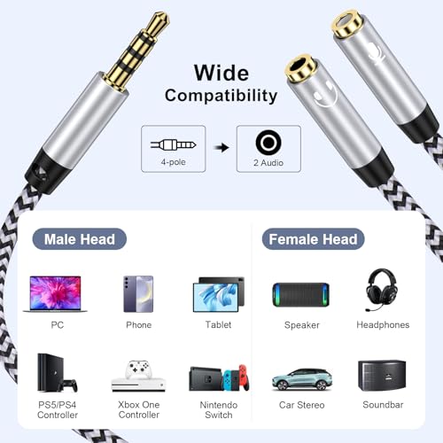 3.5mm Headphone Splitter, Audio Stereo Y Splitter Aux Cable for Earphones | Male to Female Dual Headphone&Microphone Jack Adapter Compatible with PS4 PS5 Xbox Switch Gaming Headsets Phone Tablet Laptop - color: white