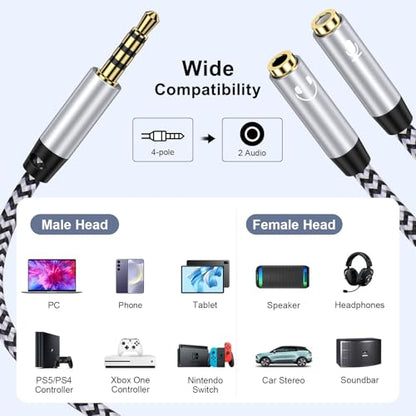 3.5mm Headphone Splitter, Audio Stereo Y Splitter Aux Cable for Earphones | Male to Female Dual Headphone&Microphone Jack Adapter Compatible with PS4 PS5 Xbox Switch Gaming Headsets Phone Tablet Laptop - color: white