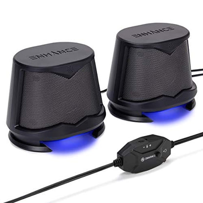 ENHANCE SB2 PC Speakers with Blue LED Glow Lights and 2.0 USB Powered Design - 10W Peak Sound, 3.5mm Wired Connection, in-Line Volume Control - Compatible with Gaming Desktop, Laptop, PC - Black - color: Blue