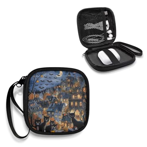 Portable Small Square Storage Pouch for Earbuds in-Ear Headphones Earphones Hearing Aids USB Charging Cable Headset Carrying Case(Halloween Cat Bat) - color: Halloween Cat and Bat