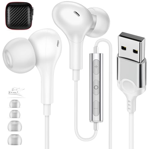USB Earbuds with Microphone for PC Laptop,Wired USBA Headset,White | in Ear Buds Noise Isolating Light Laptop Earphones,Headphones with Mic for Dell HP Computer PC Office Zoom Work Gaming School - color: White