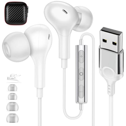 USB Earbuds with Microphone for PC Laptop,Wired USBA Headset,White | in Ear Buds Noise Isolating Light Laptop Earphones,Headphones with Mic for Dell HP Computer PC Office Zoom Work Gaming School - color: White
