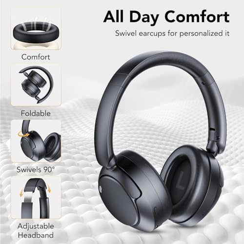 Hybrid Active Noise Cancelling Bluetooth Headphones, Wireless Over Ear Headphones with Bluetooth 5.4, 80H Playtime, Stereo Sound, 6 ENC Clear Call Mic, Low Latency for Travel Office Workout