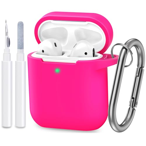 Compatible with AirPods Case Cover, Full Protective Silicone Skin Dust-Proof Designed for Apple AirPods 1st 2nd Generation with Keychain, Front LED Visible, Hot Pink - color: C-Hot Pink