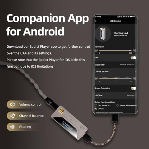 SHANLING UA4 Headphone Amplifier, Portable USB DAC AMP, Support MQA 16X, 768kHz DSD512, High Driving Power for Android/iOS/Mac/Windows, Dongle Volume Control, 3.5/4.4mm up to 237mW@32Ω Output (Silver) - color: UA4 Silver