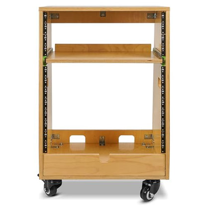 Sound Town DIY Slanted 12U Studio Rack (4U Top + 8U Lower), with 2U Bottom Storage, Slide-Out Tray, Caster, Plywood, Golden Oak for Recording Room, Home Studio (SDRK-ST12T) - size: 12U(4U Top + 8U Lower),Golden Oak