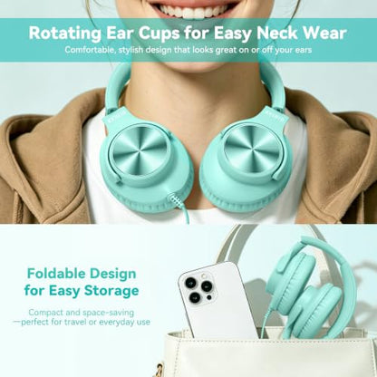 KVIDIO Wired Headphones with Mic, Volume & Playback Control, Over-Ear Foldable Headphones, USB-C Plug, 90° Swivel Ear Cups, 4.9ft Tangle-Free Cord for Tablet, Laptop, PC, School, Travel (Mint Green) | Foldable Plug in Headphones with Volume Control for Te