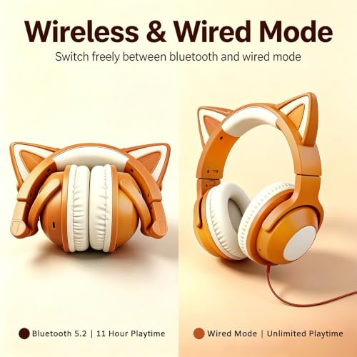 Cat Ear Headphones for Kids & Adults, LED Gaming Headset | Headphones Wired & Bluetooth Mode with Built-in Mic,Compatible with Phone/Laptop/PC/Tablet,Foldable Cute Headphones,Khaki - color: Khaki