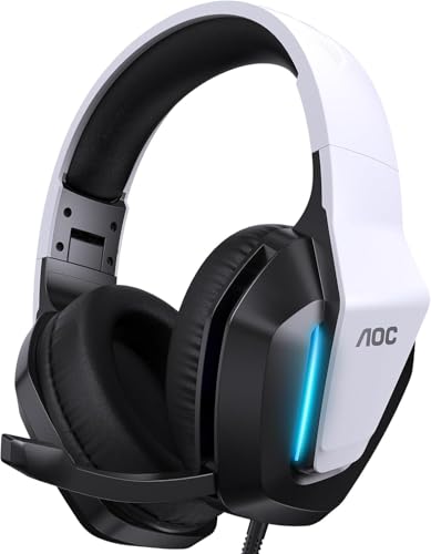 AOC Wired Gaming Headset, Headphones for Xbox Series PS5 PC Switch, White | Surround Sound, Noise Canceling Over-Ear Gaming Mic, RGB Lights, 50mm Drivers, 3.5mm Jack - color: White