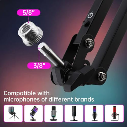 Heavy Duty Mic Boom Arm RGB Steel Scissor Desk Stand for Podcast Gaming | Supports 3.3lb. Thickened alloy steel. Phone holder.12 Light modes.Tool-free. For streaming podcast gaming singing recording