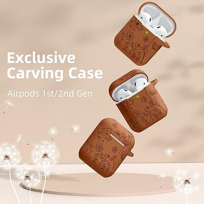 Lerobo for AirPod Case 2nd/1st Generation with Keychain | Soft Silicone Flower Engraved Shockproof Cover for AirPods 2 Case, Wireless Charging, Scratchproof, One-piece Design, Brown - color: Brown