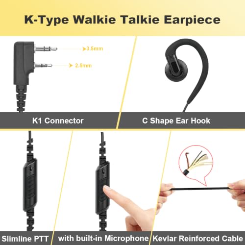 2-Pin C-Shape Earpiece with PTT Mic for Kenwood/BaoFeng Radios | Soft Rubber Earhook, Fits for TK Series & UV-5R