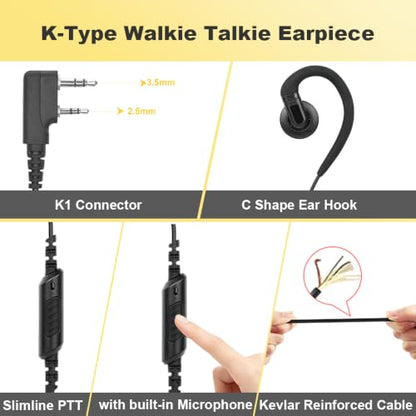 2-Pin C-Shape Earpiece with PTT Mic for Kenwood/BaoFeng Radios | Soft Rubber Earhook, Fits for TK Series & UV-5R