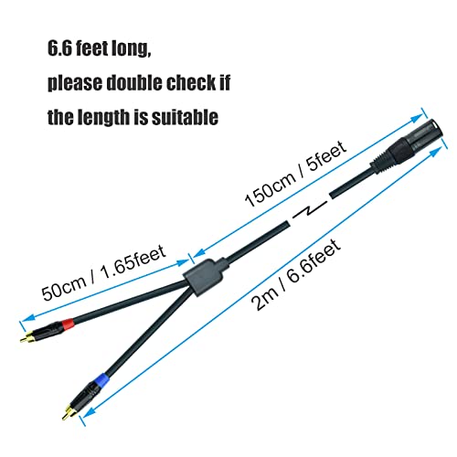 2 RCA to XLR Male Y Splitter Cable, 6.6Feet Dual RCA to XLR Breakout Audio Patch Cord Adapter, Nylon Braided Heavy Duty, Copper Shielded Noise Free, for Mixer, Studio Monitor, Speaker - size: 6.6 Feet