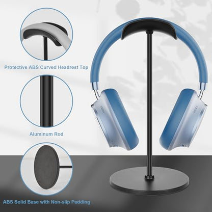 Headphone Stand, Curved Headset Stand with Aluminum Rod ABS Solid Base Gaming Headset Holder for Desk Headphone Accessories for Organization and Display, Black