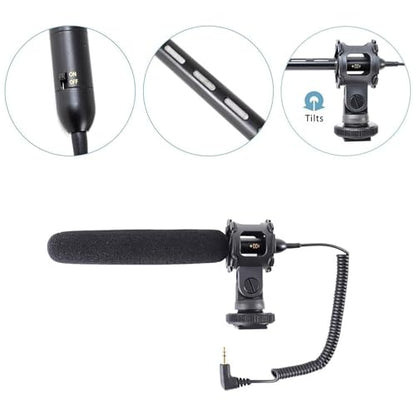 Pyle Camera-Mount Shotgun Microphone, Back Electret Condenser, Line-Gradient Pattern, 3.5mm Connector, 42dB Sensitivity, 50Hz-18kHz, Windscreen & Mic Holder, On-Camera Condenser Mic for Clear Audio
