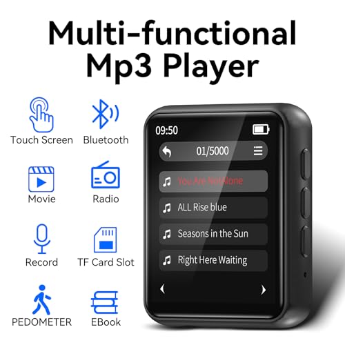 64GB MP3 Player with Bluetooth, Full Touch Screen Portable Music MP3 Player Built-in HD Speaker, FM Radio, Voice Recorder, Mini Design Sports Music Player Support Expansion (128GB)
