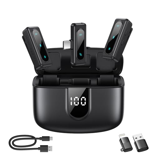 Wireless Lavalier Microphone for iPhone, Android & Laptops, Noise Cancellation, Auto Pairing, 24H Battery Life with Charging Case, USB C Mini Microphone for Vlogs, Interview, Podcasts, Live Streaming