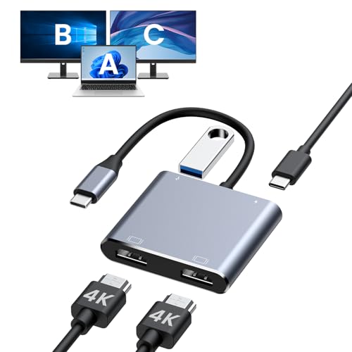 USB C to Dual HDMI Adapter, 4K@60Hz HDMI Splitter for Dual Monitors Extended Display, 100W PD Charging, USB-A Port, Windows Supports Multi-Monitor with 3 Screens, macOS Limited to Mirror Mode