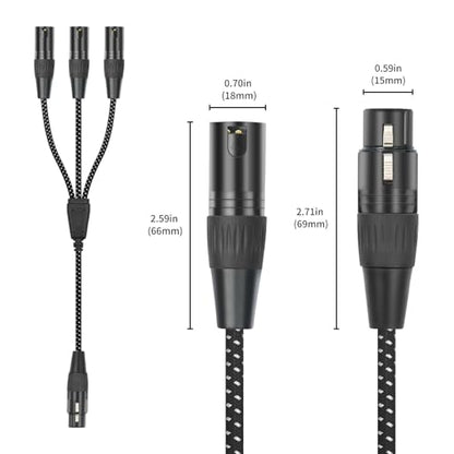 2FT XLR 1 Female to 3 Male Y Splitter Cable - Metal-Braided Y-Cable, Non-Slip Grips,3Pin XLR 3-Way Signal Duplication for Mixers/PA/Amps - color: 1 Female to 3 Male