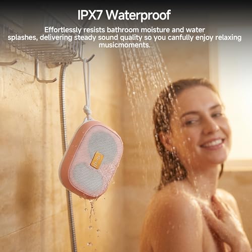 FunHub Waterproof Bluetooth Shower Speaker, Small & Light with Anti-Slip Sides, 3 Play Modes, FM Radio, Bluetooth 5.3 Immersive Stereo Sound (TWS), for Bathroom, Pool, Beach & Outdoor Party – Pink - color: Pink