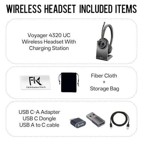Poly Voyager 4320 UC Wireless Headset & Charge Stand - Connects to PC/Mac/Mobile Phone via Bluetooth with USB-C to A Adapter & USB C Dongle & USB A-C Cable & Storage Bag and Fiber Cloth