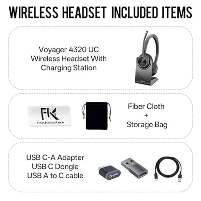 Poly Voyager 4320 UC Wireless Headset & Charge Stand - Connects to PC/Mac/Mobile Phone via Bluetooth with USB-C to A Adapter & USB C Dongle & USB A-C Cable & Storage Bag and Fiber Cloth