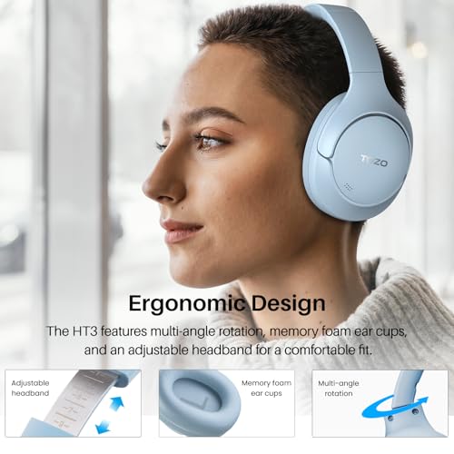 TOZO HT3 Hybrid Noise Cancelling Wireless Headphones, 90H Over Ear Headset | Hi Res Audio, AI Voice Assistant, Dual Device Connection, 32 Custom EQs, Built In 5 Mics, ANC, Foldable with Case - color: Blue