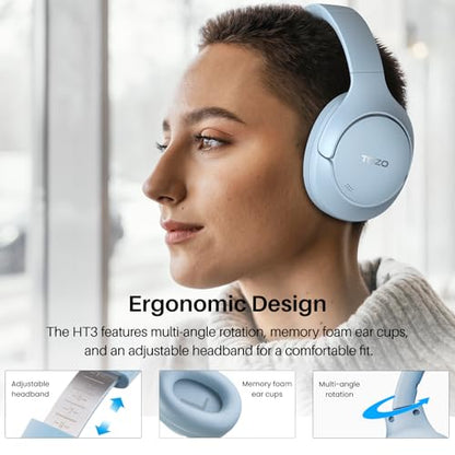 TOZO HT3 Hybrid Noise Cancelling Wireless Headphones, 90H Over Ear Headset | Hi Res Audio, AI Voice Assistant, Dual Device Connection, 32 Custom EQs, Built In 5 Mics, ANC, Foldable with Case - color: Blue