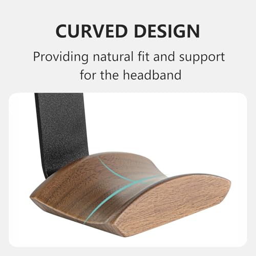 Walnut Wood Headset Holder with Adhesive or Screw Headset Wall Mount Holder | Headphone Holder with 6cm Wide Walnut Headrest,Curved Headphone Hanger with Black Metal Bracket for Over Ear and Gaming