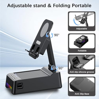 Wireless Induction Speaker 5-in-1 Bluetooth Speaker with Phone Stand, Father's Day Present, Stereo Sound 8 RGB Ambient Light, 360° Rotation Adjustable Desktop Stand for iOS Android - color: Black