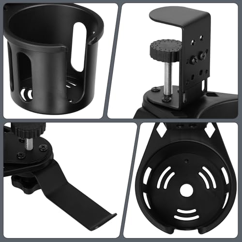 Desk Cup Holder Clamp 2 in 1 Clip On Table Cup Holder with Headphone Hanger | Rotatable Anti-Spill Water Bottle Stand Drink Coffee Mug Storage, Office Accessories for Home and School - color: Black-1 with Headphone Hanger