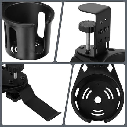 Desk Cup Holder Clamp 2 in 1 Clip On Table Cup Holder with Headphone Hanger | Rotatable Anti-Spill Water Bottle Stand Drink Coffee Mug Storage, Office Accessories for Home and School - color: Black-1 with Headphone Hanger