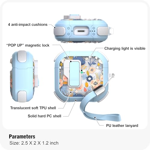 WENEW Case for AirPods 4th Case Cover Secure Lock Automatic Snap Switch Clip Cleaner Kit Lanyard Women Stylish Flower Armour Hard Shell Full Body Front LED Visible (Blue, AirPods 4) - color: Blue, size: AirPods 4