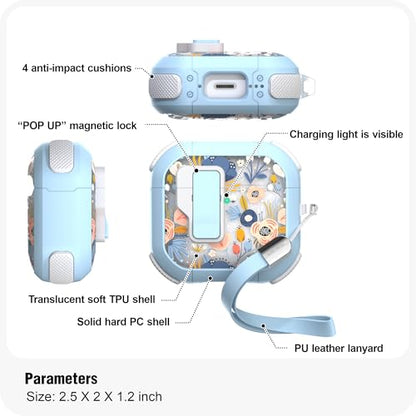 WENEW Case for AirPods 4th Case Cover Secure Lock Automatic Snap Switch Clip Cleaner Kit Lanyard Women Stylish Flower Armour Hard Shell Full Body Front LED Visible (Blue, AirPods 4) - color: Blue, size: AirPods 4