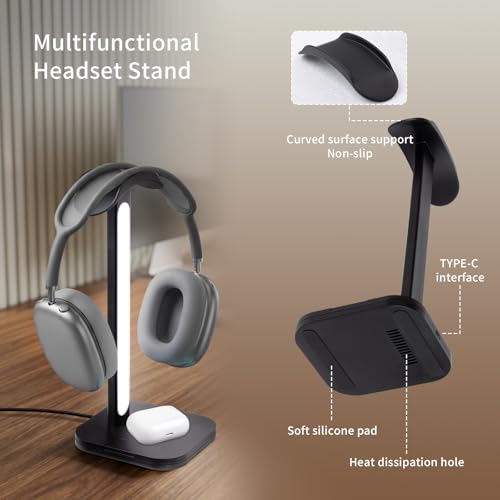 3-in-1 Headphone Stand with Wireless Charging Station and Desk Lamp, Headset Holder with Phone Charger, LED Desk Light for Gaming Setup, Office and Bedroom - color: Black