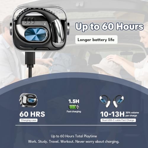 Open-Ear Headphones, Wireless Bluetooth Earbuds 360° Swivel Charging Case - color: Black