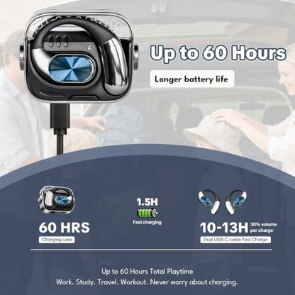 Open-Ear Headphones, Wireless Bluetooth Earbuds 360° Swivel Charging Case - color: Black